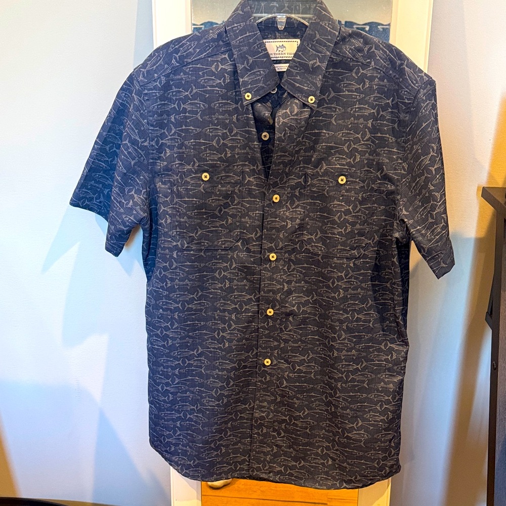 Southern Tide Dark Blue Fish Pattern Shirt